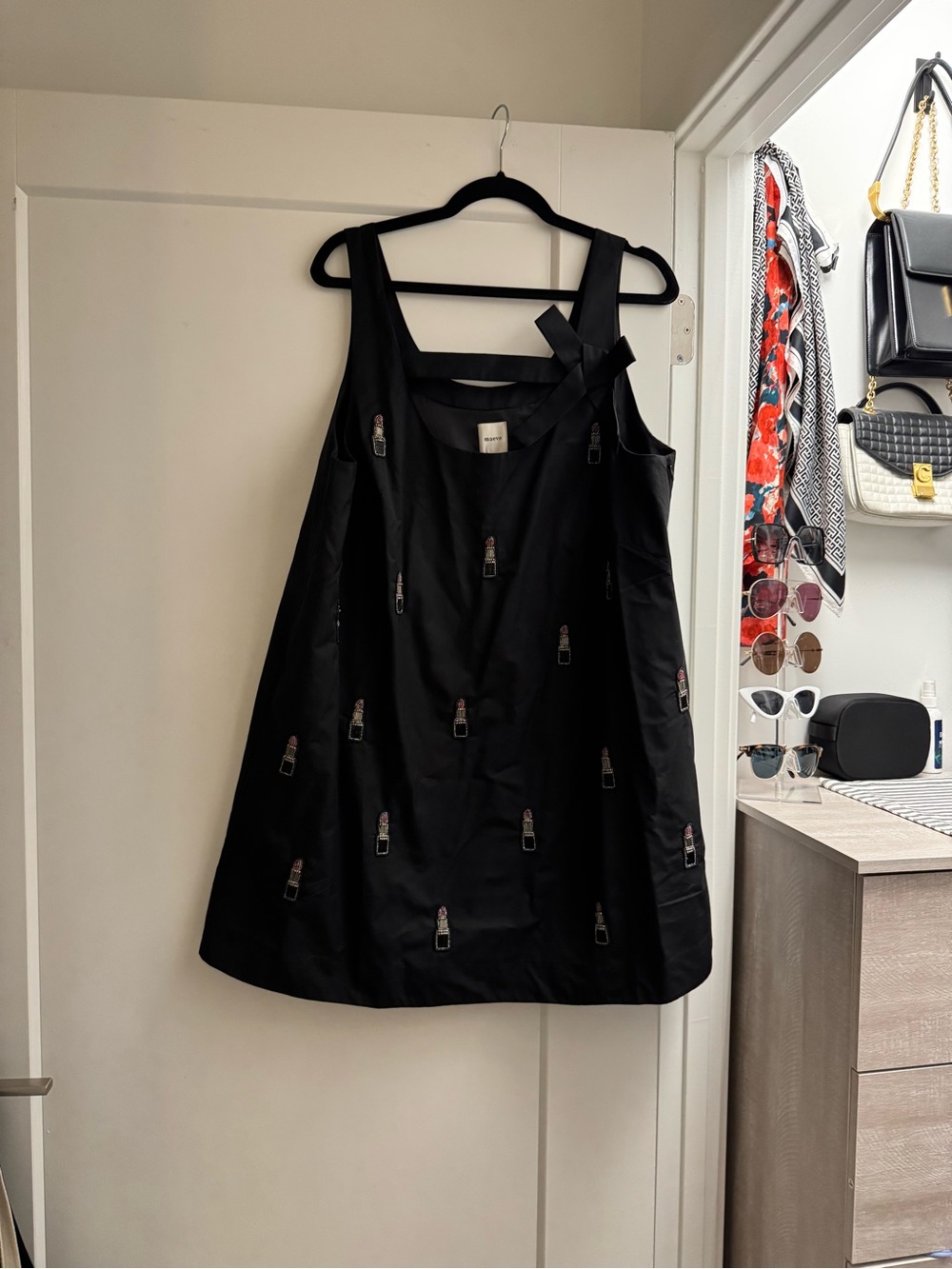 Maeve Black Mini Dress with Embroidered Lipstick Motifs